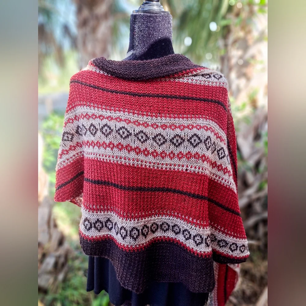 Hand Knitted Shawl One of a Kind Elegant Red Beige Coffee Brown Merino Wool - Picture 8 of 15